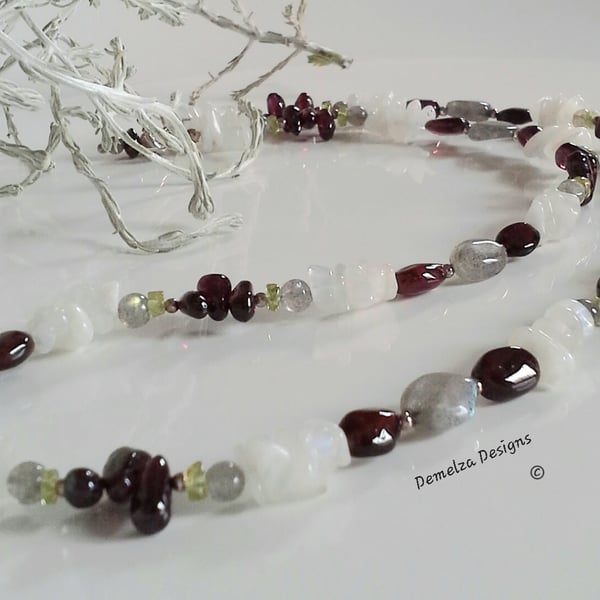 Natural Ruby Red Garnet, Moonstone, Peridot Sterling Silver Necklace