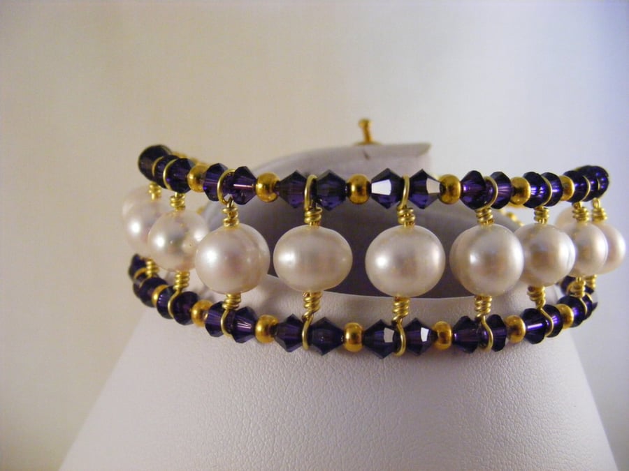 Purple Velvet and Freshwater Pearl Crystal Bracelet.