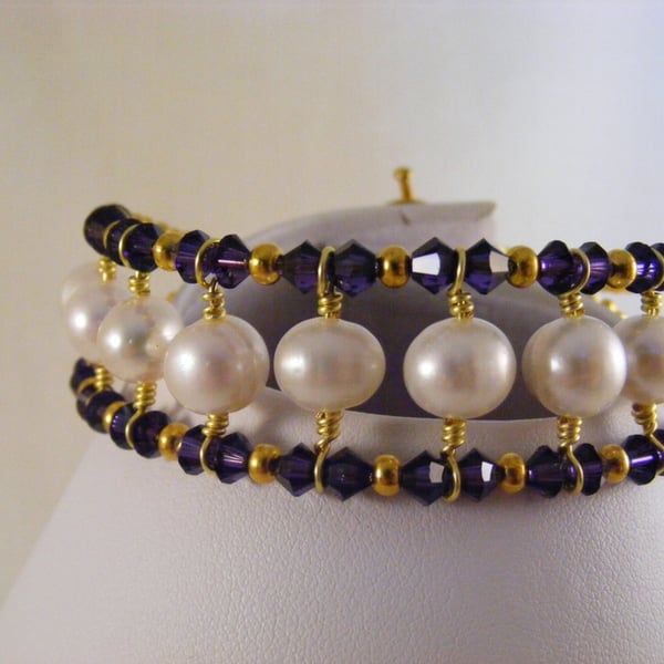 Purple Velvet and Freshwater Pearl Crystal Bracelet.