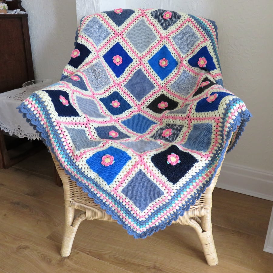 SALE - Patchwork Blanket - cream, blue and multi crochet