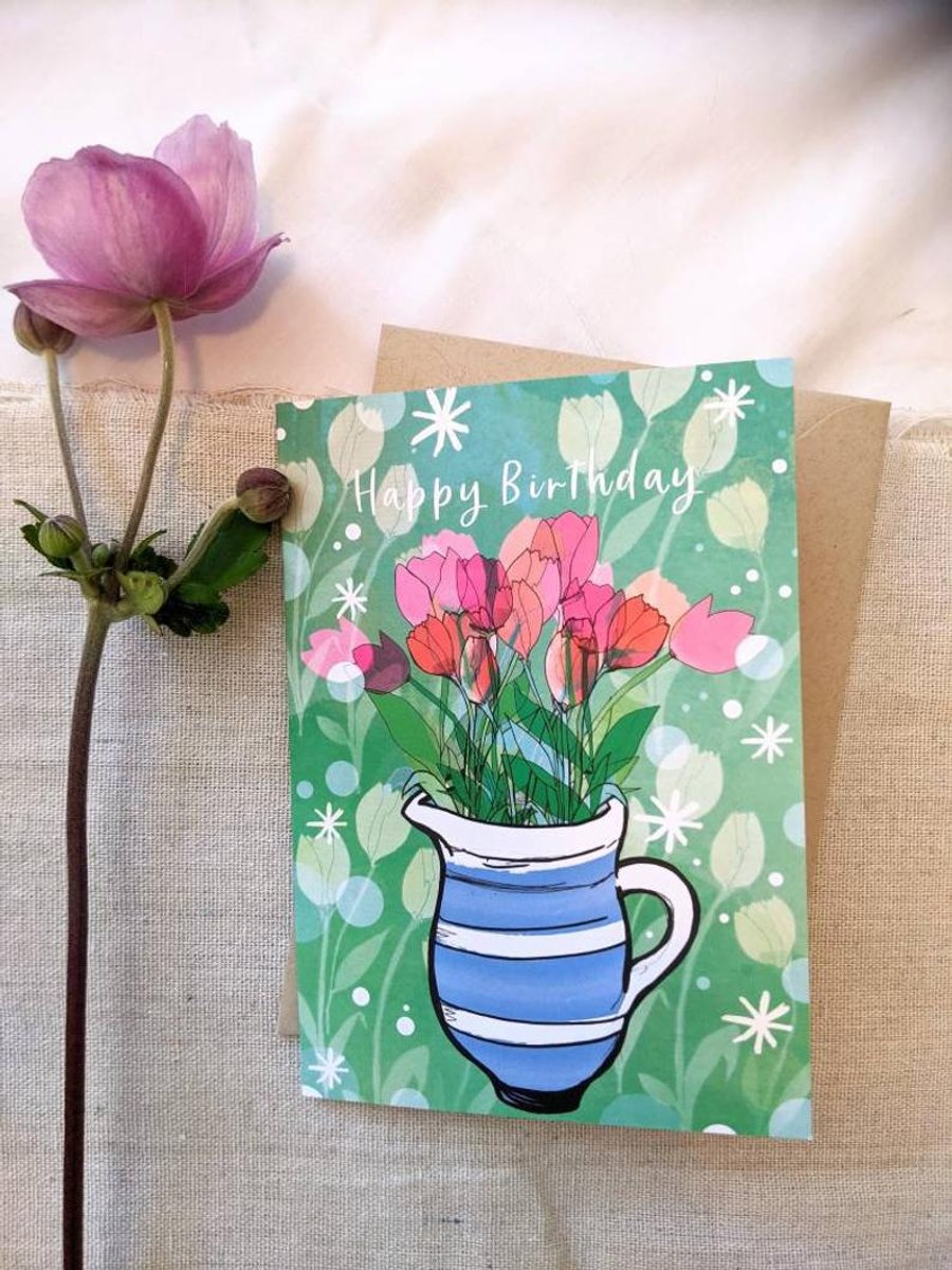 Happy Birthday Bunch of Tulips Illustrated A6 Card