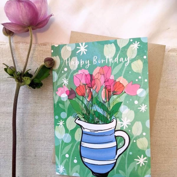 Happy Birthday Bunch of Tulips Illustrated A6 Card