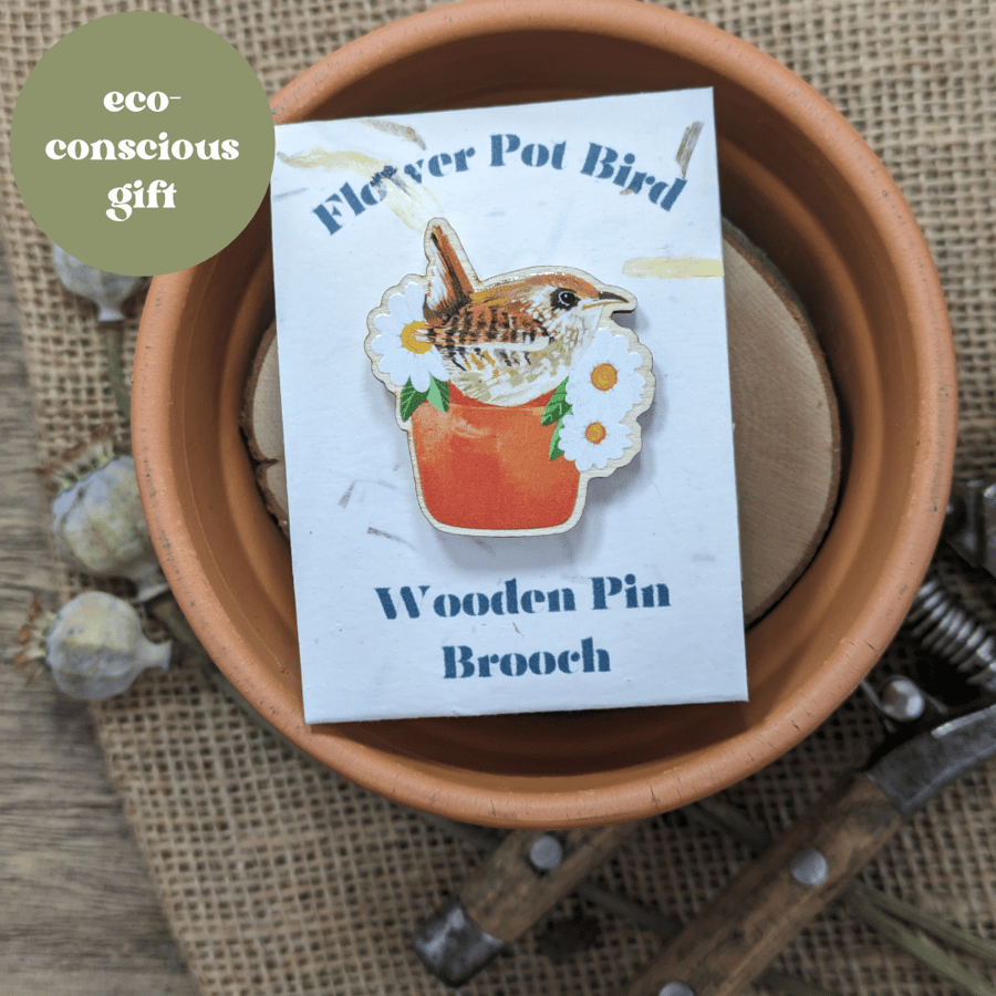 Wooden wren bird pin badge brooch 