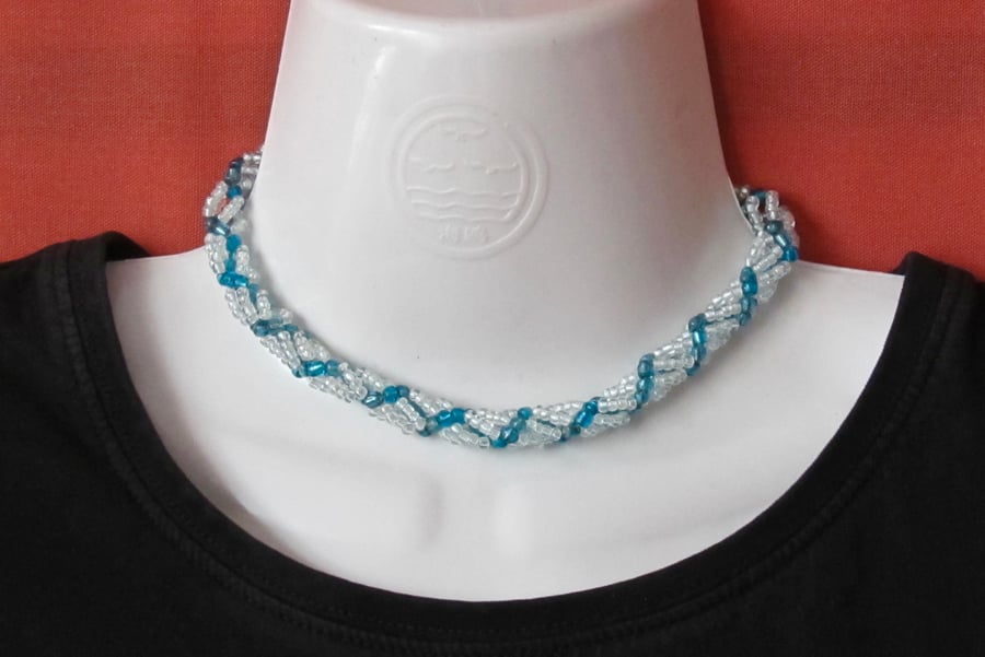 Chunky Choker: Light Blue & Swiss Blue Seed Bead Spiral Weave Rope Necklace