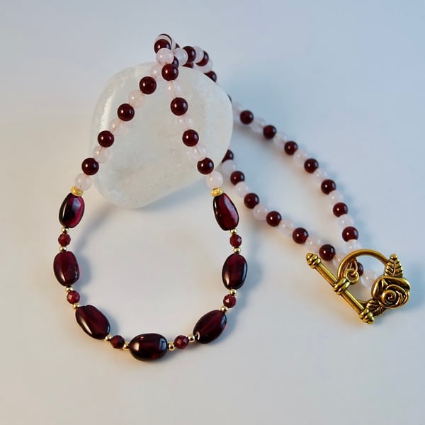Garnet And Rose Quartz Necklace - January Birthstone - Handmade In Devon