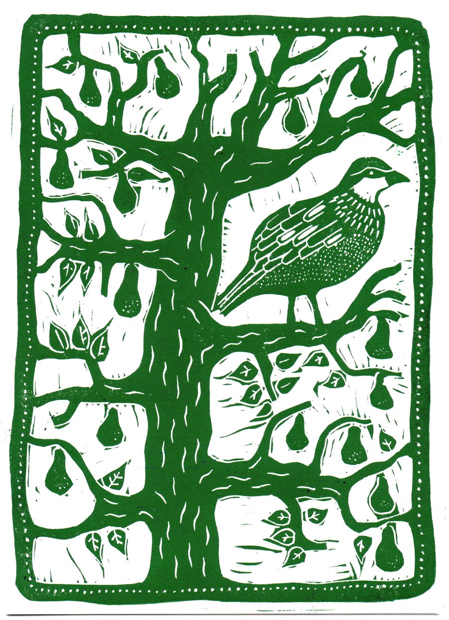 A Partridge In A Pear Tree Christmas card, linocut print by John Freeman, green