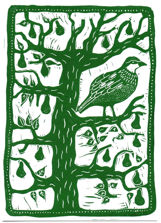 A Partridge In A Pear Tree Christmas card, linocut print by John Freeman, green