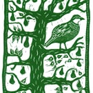 A Partridge In A Pear Tree Christmas card, linocut print by John Freeman, green
