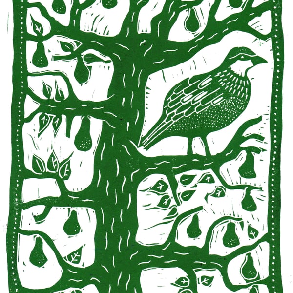 A Partridge In A Pear Tree Christmas card, linocut print by John Freeman, green