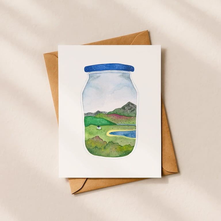 Glen Affric in a jar, A6 giclée greetings card with recycled brown envelope