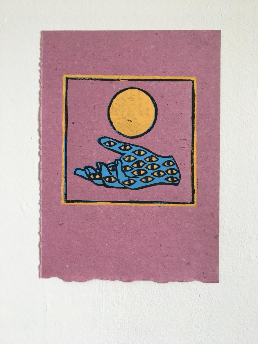 Limited edition reduction linocut print on vintage pink paper, She Who Knows