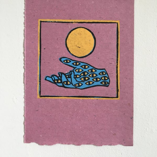 Limited edition reduction linocut print on vintage pink paper, She Who Knows