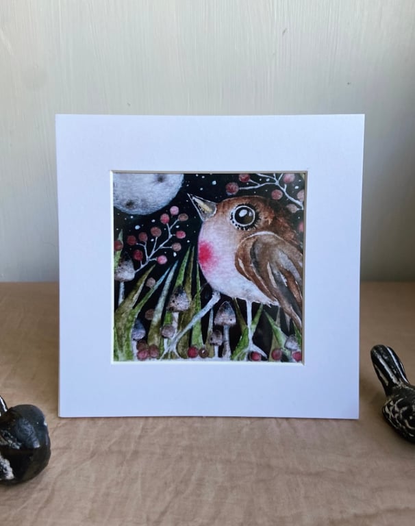 Mounted Whimsical Moon Gazing Bird Watercolour Print 