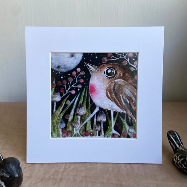 Mounted Whimsical Moon Gazing Bird Watercolour Print 