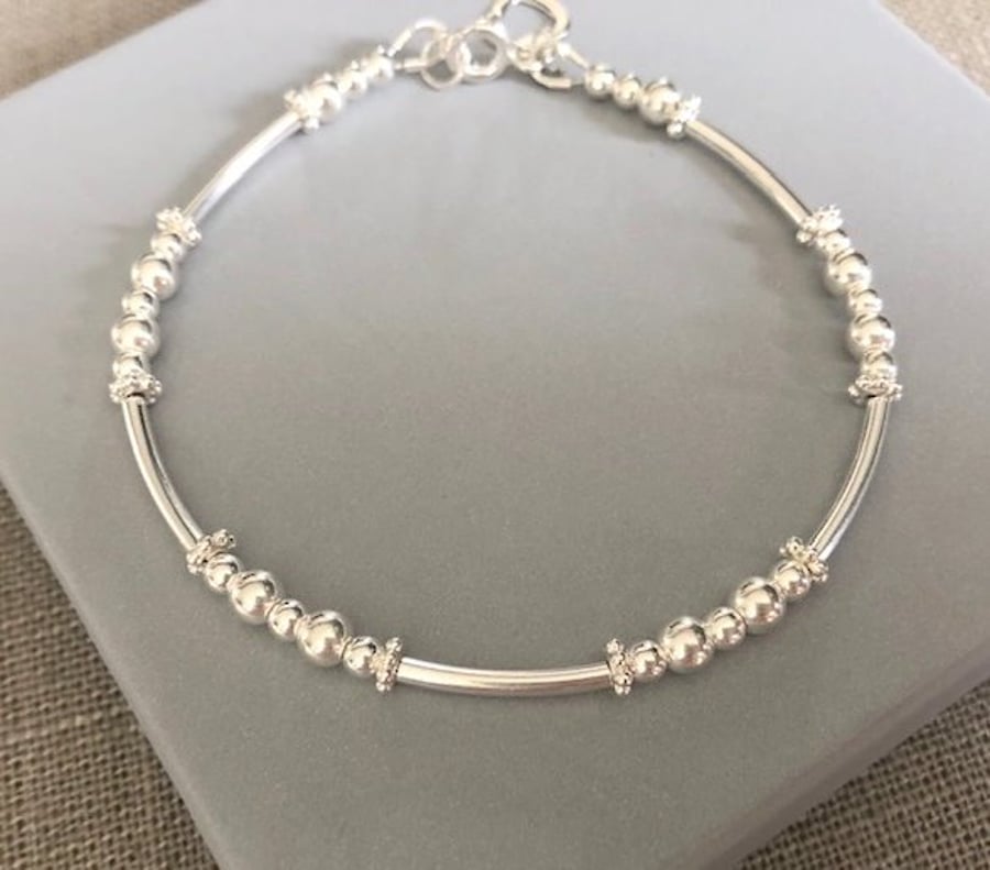 Sterling Silver Heart Charm Noodle Bracelet