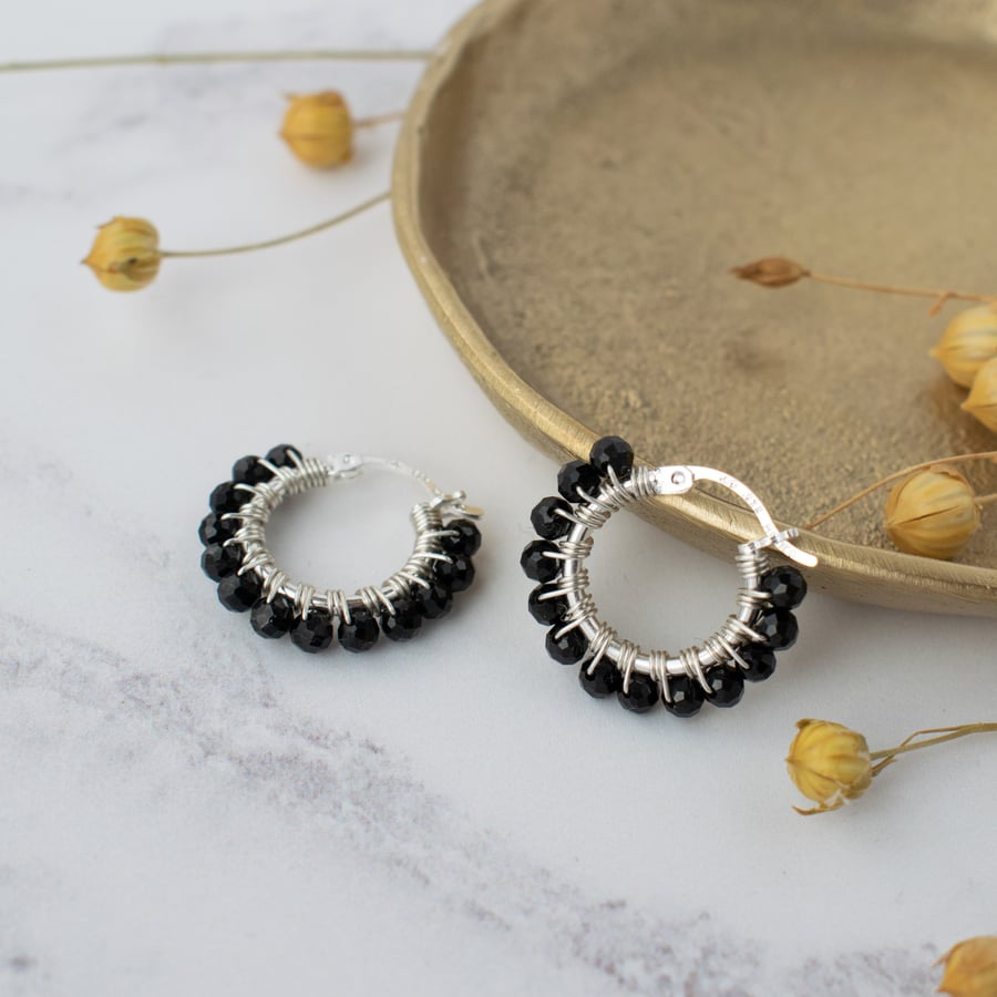 Black Gemstone Hoop Earrings - Handmade Silver Jewellery 