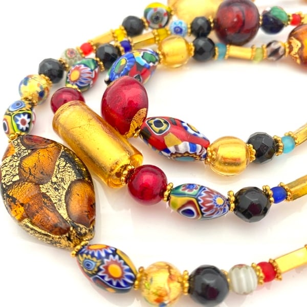 Statement Millefiori Gold Necklace. Venetian Murano Glass, Vintage & Antique