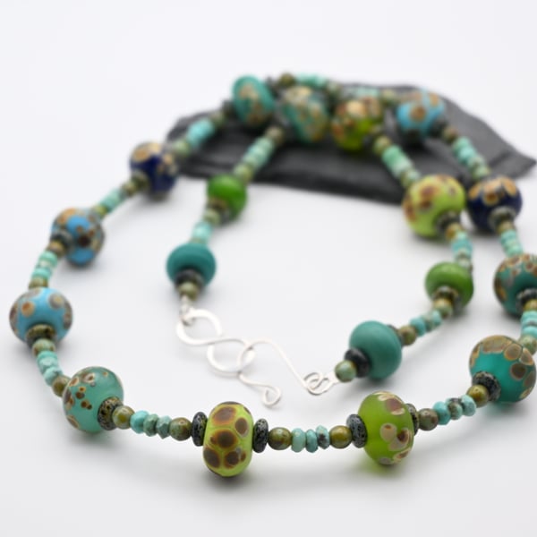 lampwork glass and turquoise gemstone beaded necklace