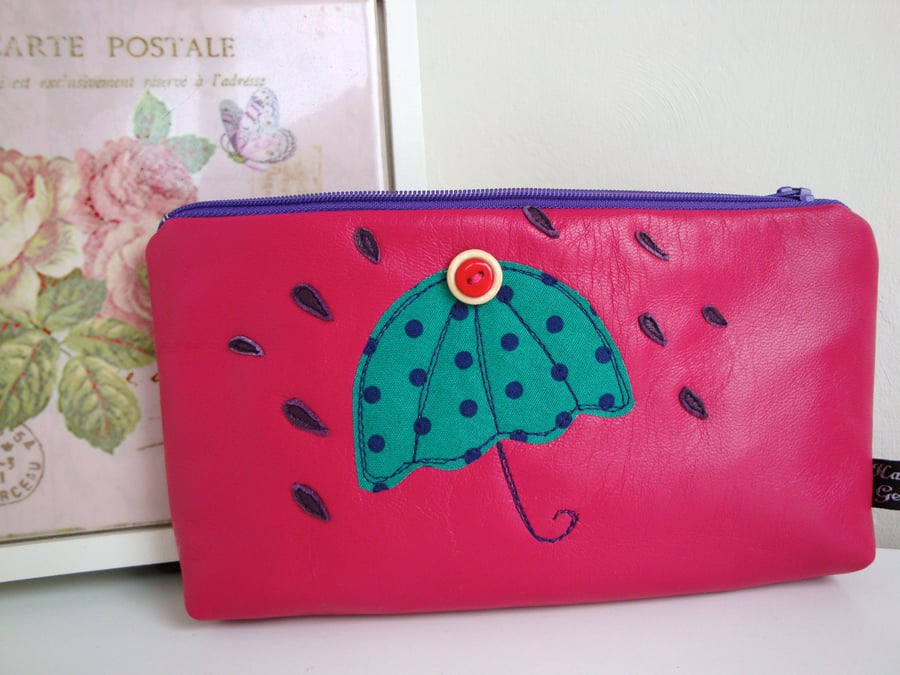 SALE Leather Make up bag - Pencil case - appliquéd .