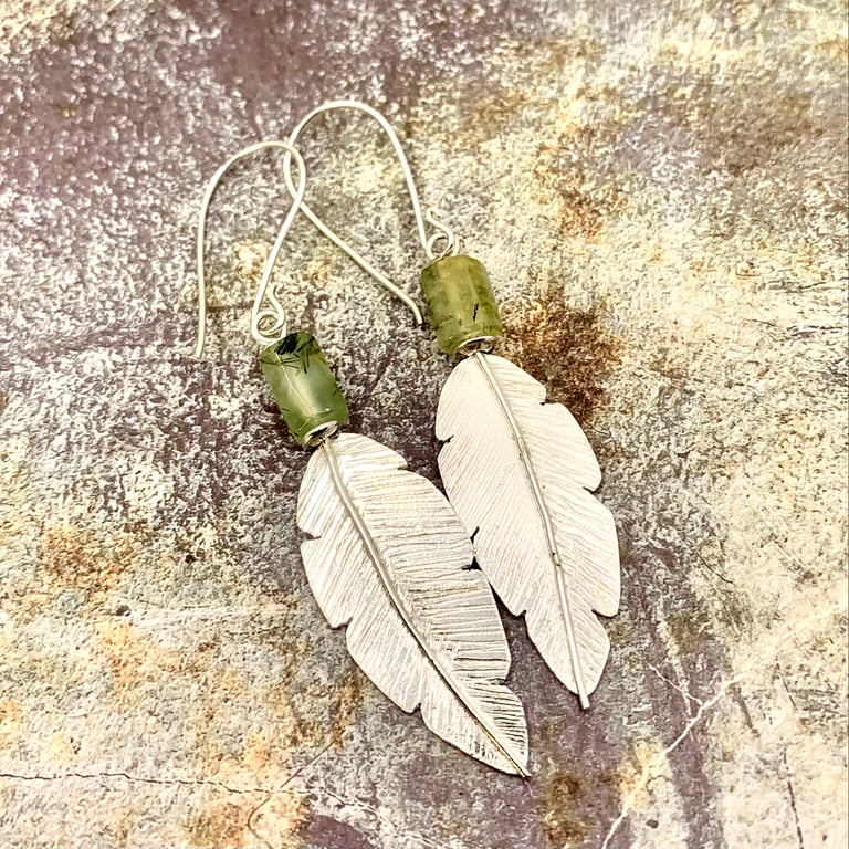 Sterling Silver Feathers & Prehnite Earrings