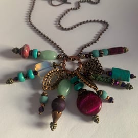 gemstone Necklace - Purple and turquoise semi precious cluster