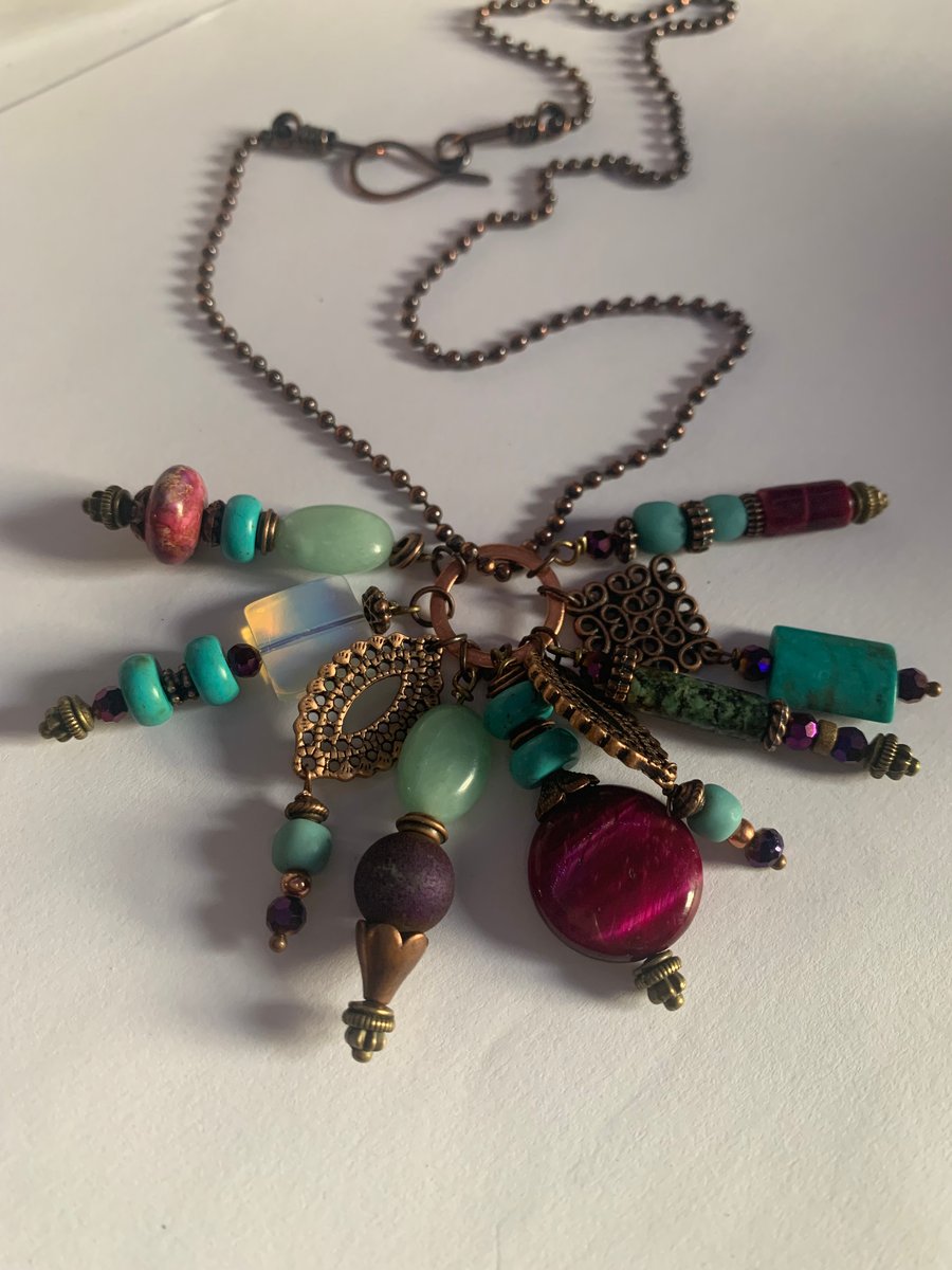gemstone Necklace - Purple and turquoise semi precious cluster
