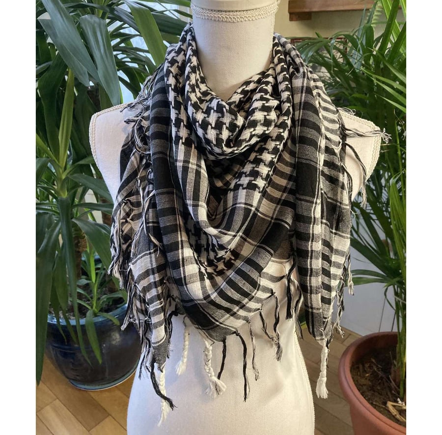 Black white ethnic vintage shawl Big cotton scarves Gift for her