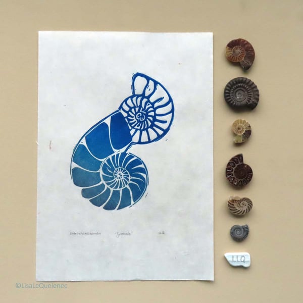 Jurassic ammonites original lino print fossil lovers art