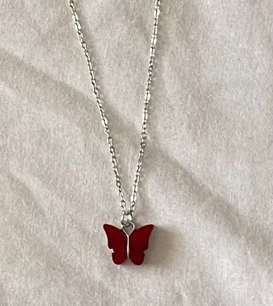 Bella - red silver chain butterfly necklace