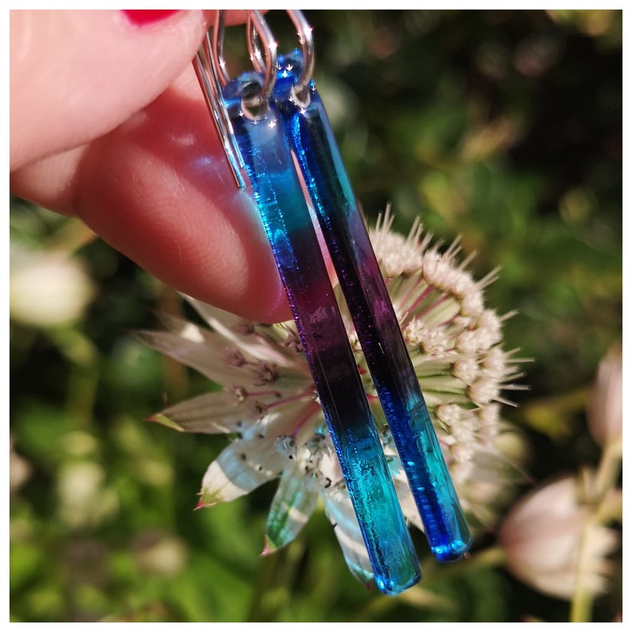 sky blue, turquoise and purple glass earrings on sterling silver hooks