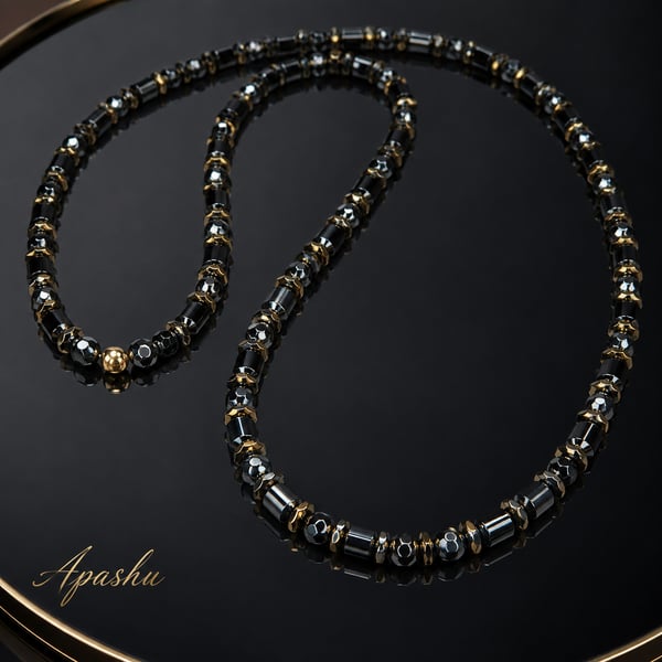 Handmade Black Hematite & Gold Tone Men’s Necklace – 26 Inch – Any Size Availabl