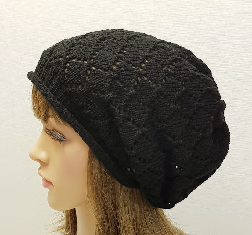 Handmade black lace hat for women, lightweight acrylic lace beret