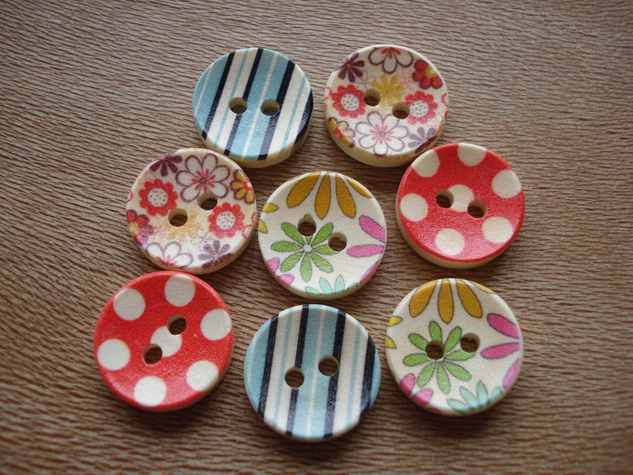 8 Colourful Wooden Buttons - Flowers - Stripes - Polka Dots