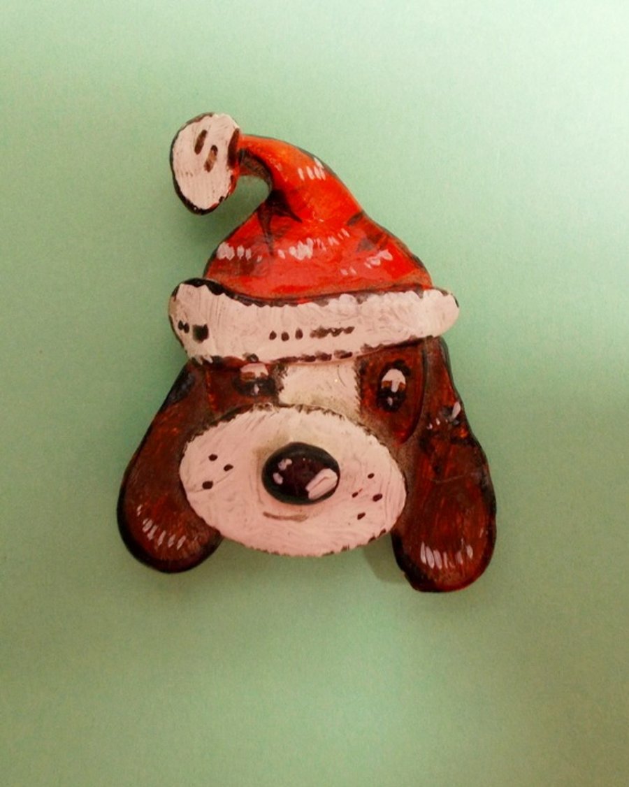 Cute FATHER CHRISTMAS DOG BROOCH Festive Lapel Pin HANDMADE HAND PAINTED