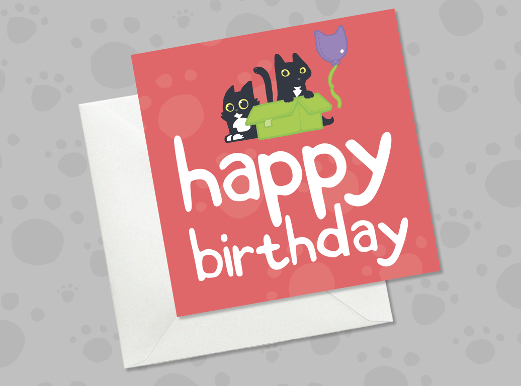 Funny Black Cat Birthday Card, Playful Cats with Balloon, Red Card for Cat Lover