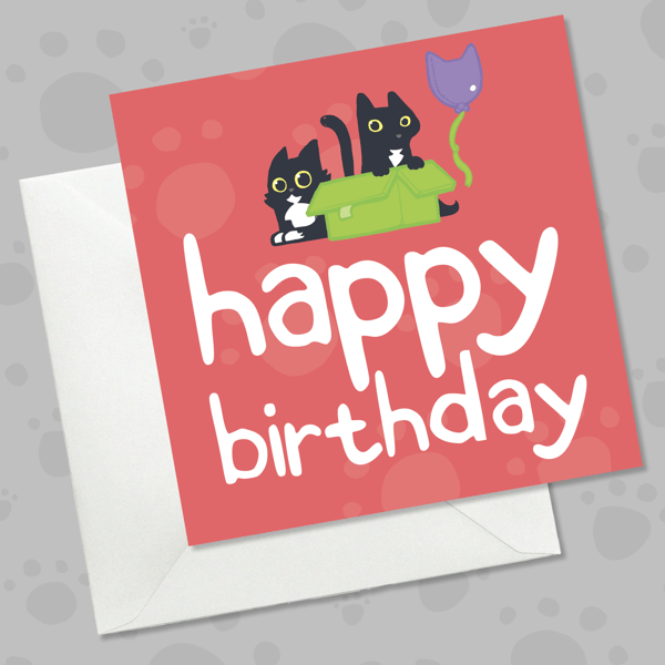Funny Black Cat Birthday Card, Playful Cats with Balloon, Red Card for Cat Lover