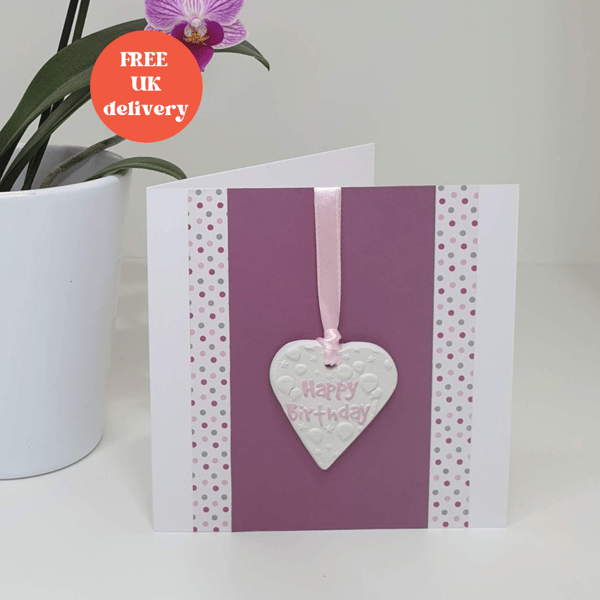 Keepsake handmade card with detachable clay heart, happy birthday greetings card