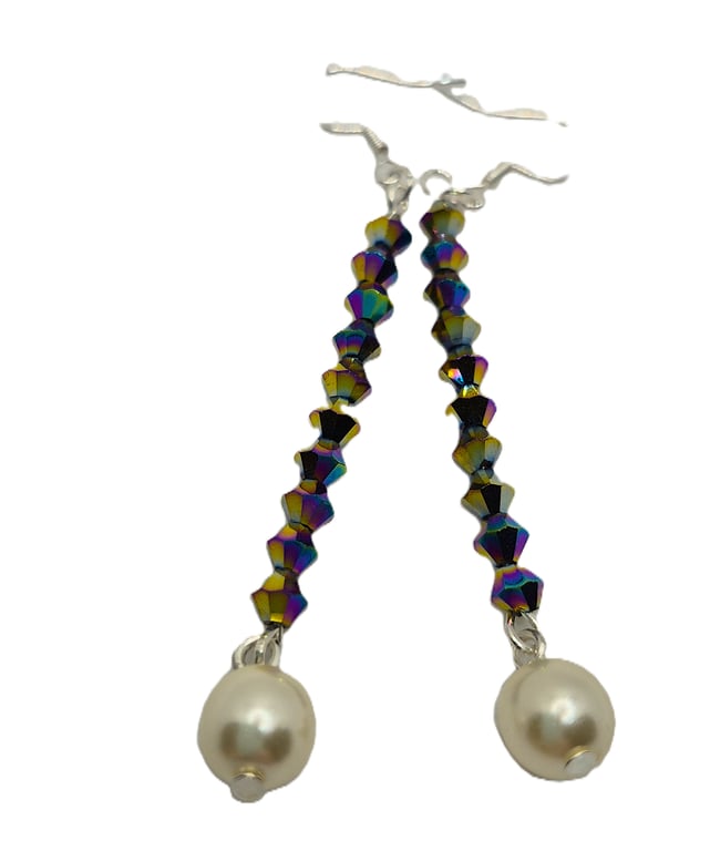 Swarovski crystal and freshwater pearl long dangle earrings