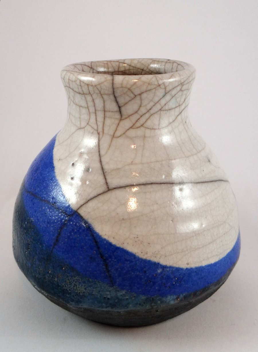 Raku Vase in Cream, Green and Blue - Handmade Pottery