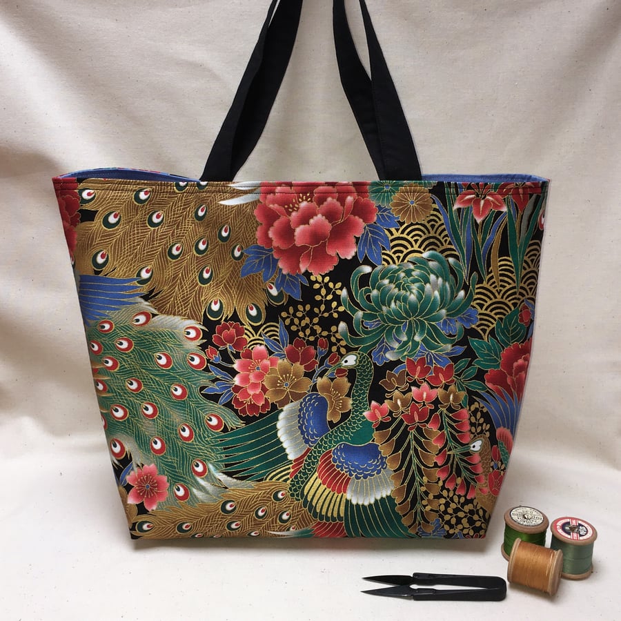Beautiful Gold Peacock Japanese Fabric Tote Bag Medium Size with pocket 