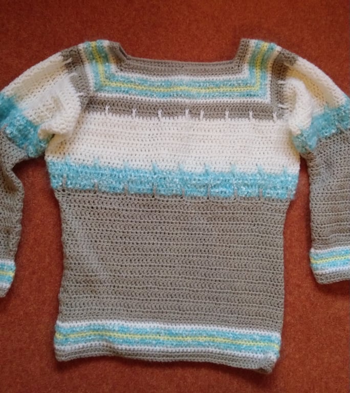 Ladies jumper in turquoise, grey and white crochet Size 10 - 12