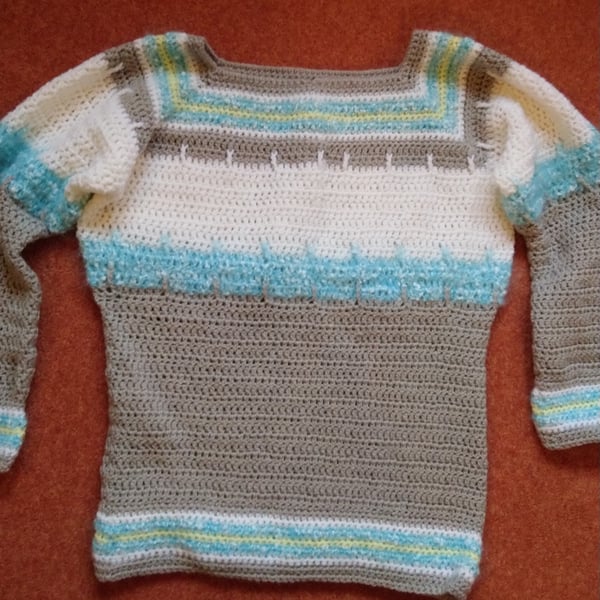 Ladies jumper in turquoise, grey and white crochet Size 10 - 12