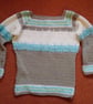 Ladies jumper in turquoise, grey and white crochet Size 10 - 12 - Image 1
