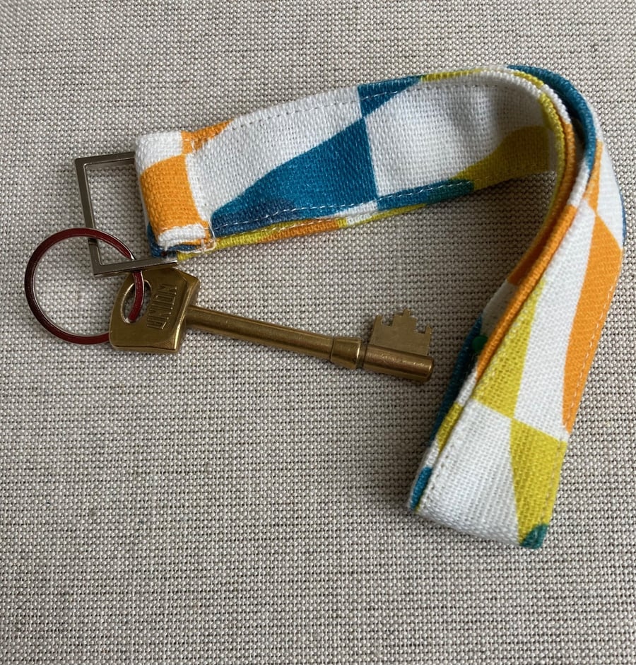 SECONDS SALE - Linen fabric Key ring - Key loop. Blue, yellow, orange