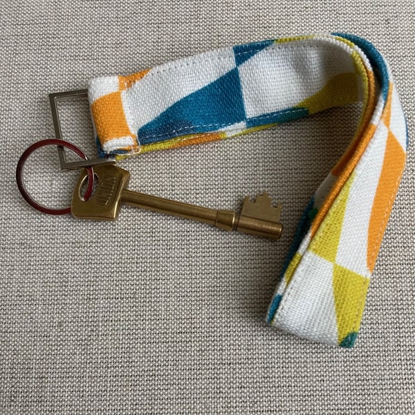 Perfectly Imperfect - Linen fabric Key ring - Key loop. Blue, yellow, orange