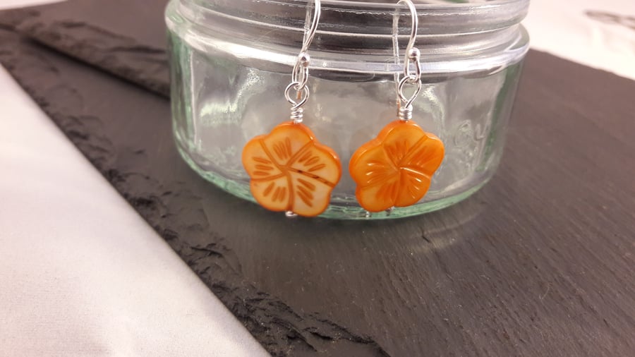 Orange Carved Shell Flower Earrings