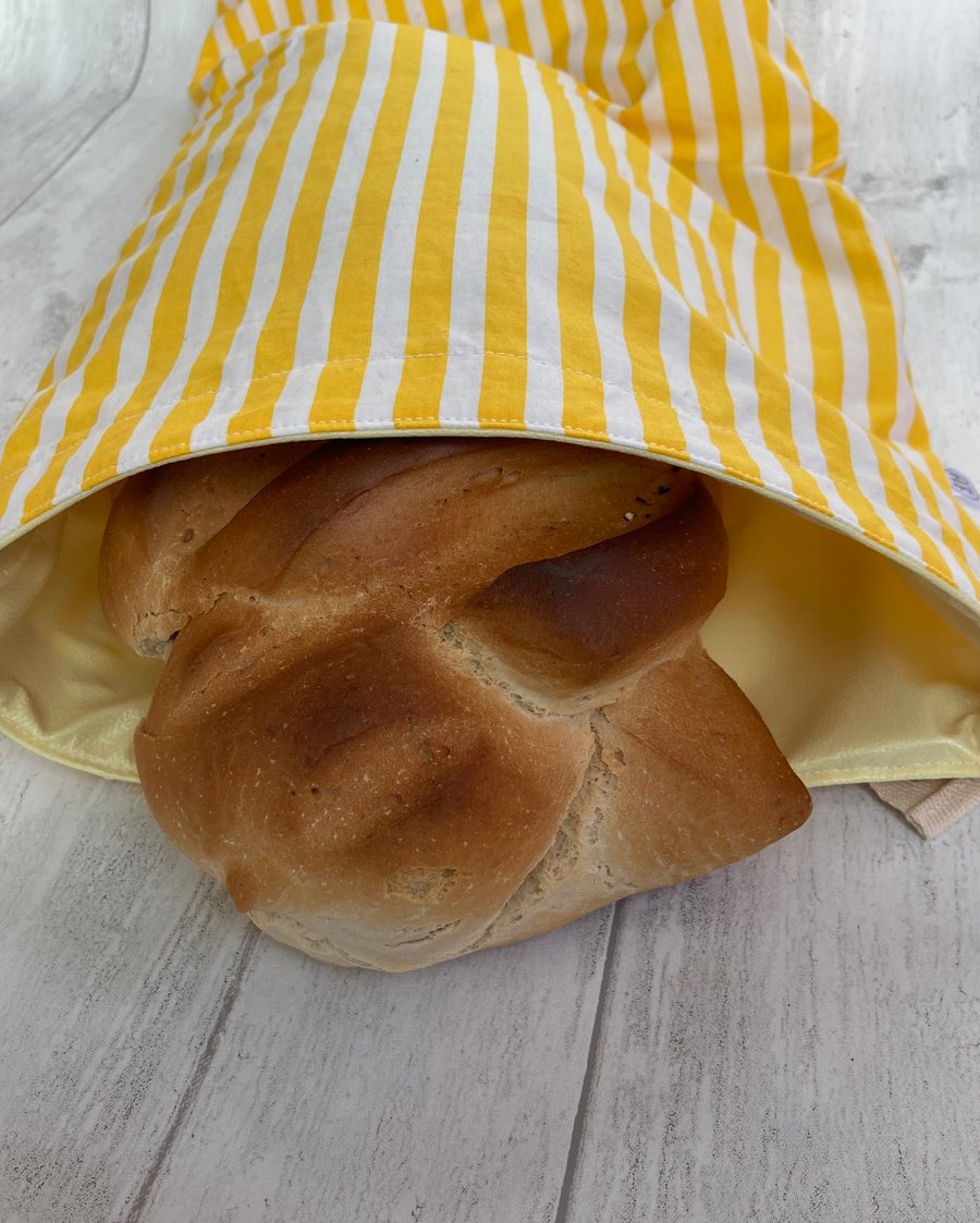 Lined Bread bag - reusable and washable. Yellow stripes.