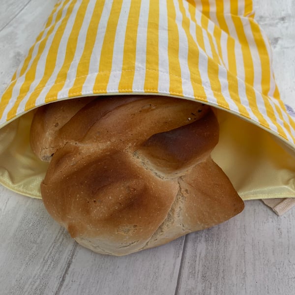 Lined Bread bag - reusable and washable. Yellow stripes.