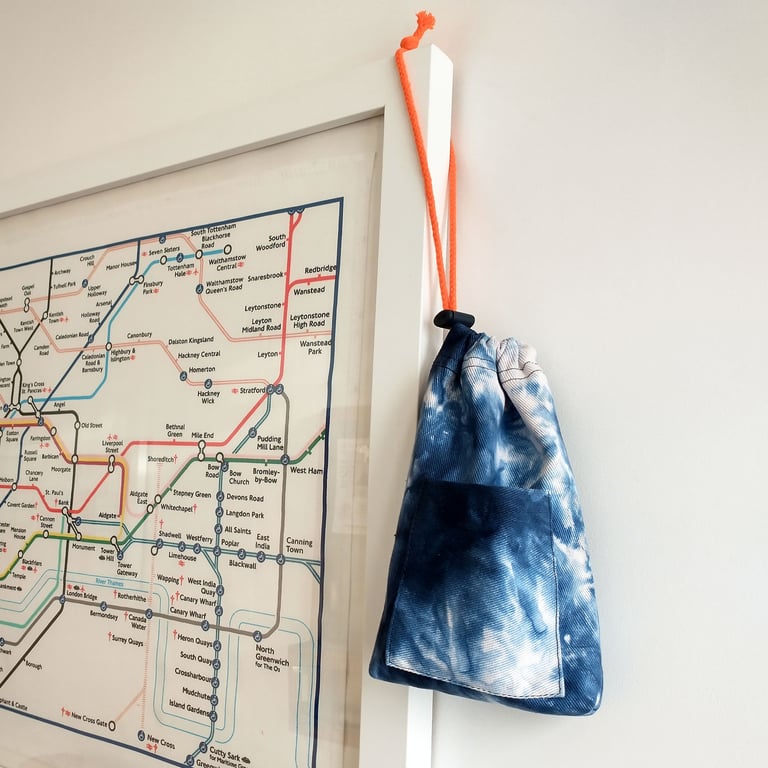 NEW! Ditty Bag with Drawstring and Pocket made in Unique Blue Tie Dye Cotton