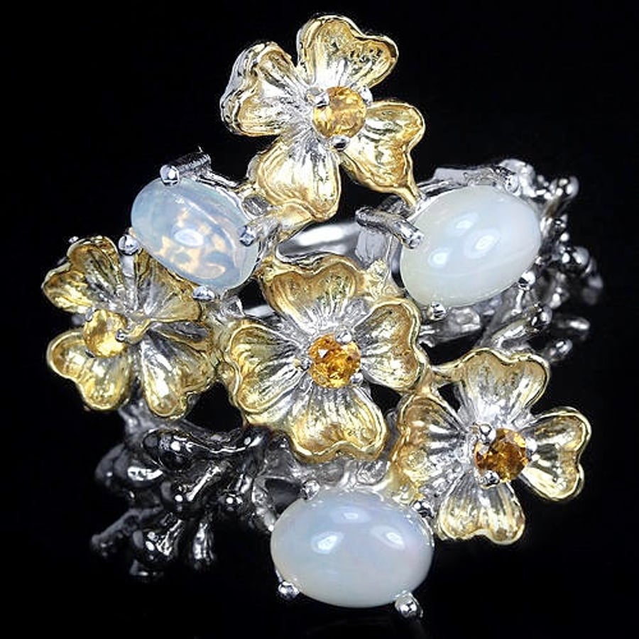 Opal & Citrine Romantic Art Nouveau style Floral Ring